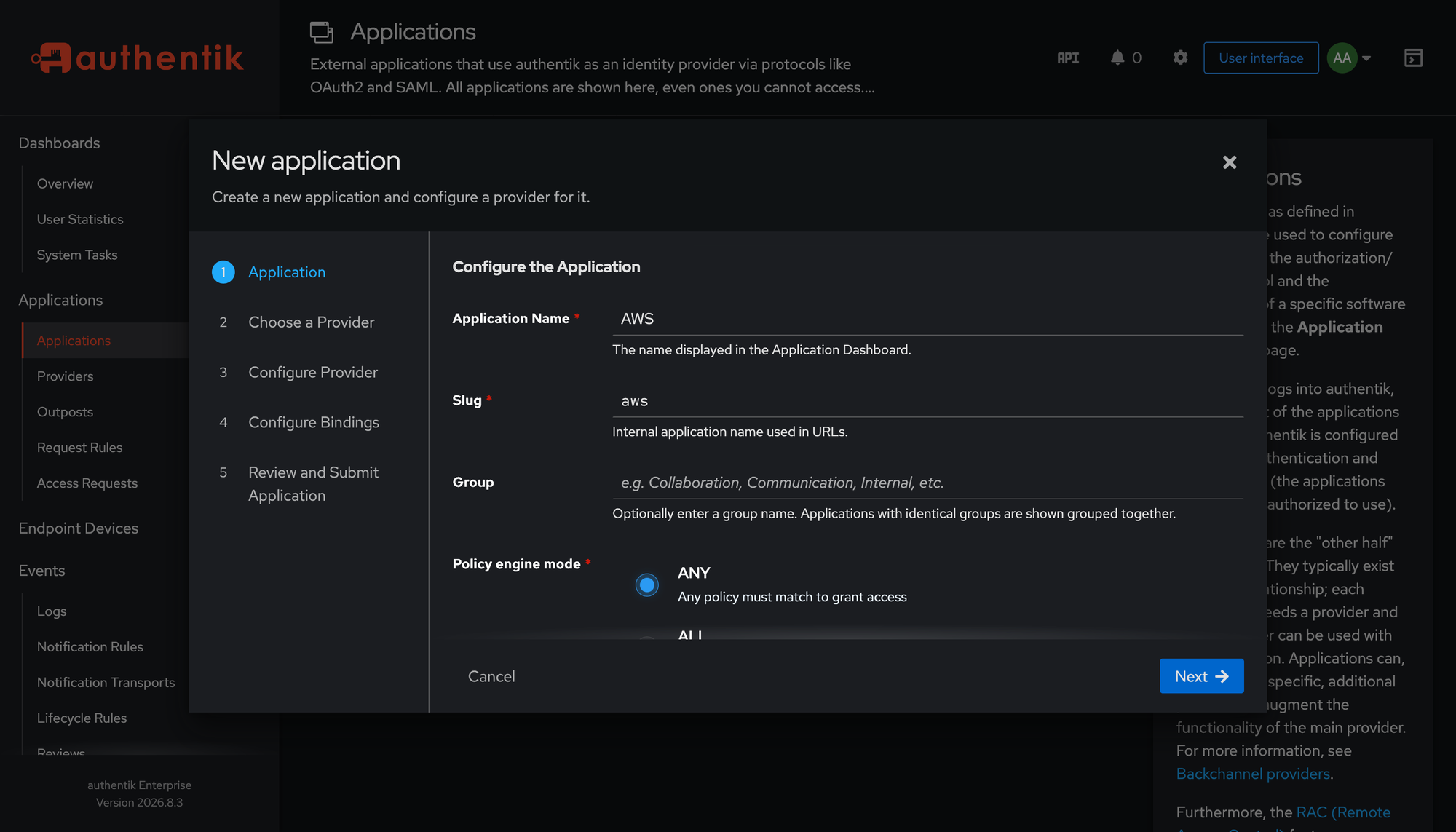 Nueva aplicación en authentik