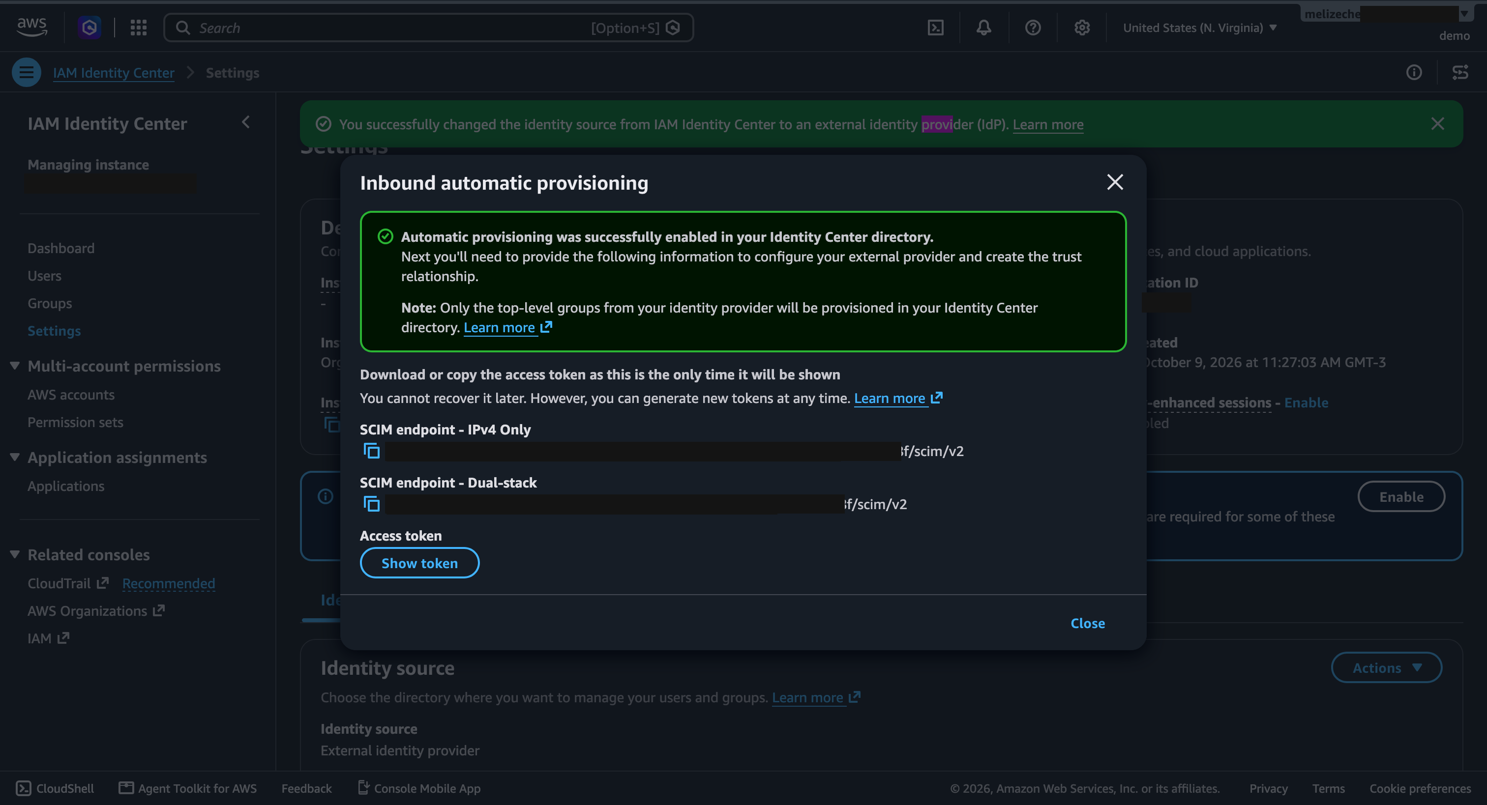 Endpoint y token de SCIM en IAM Identity Center