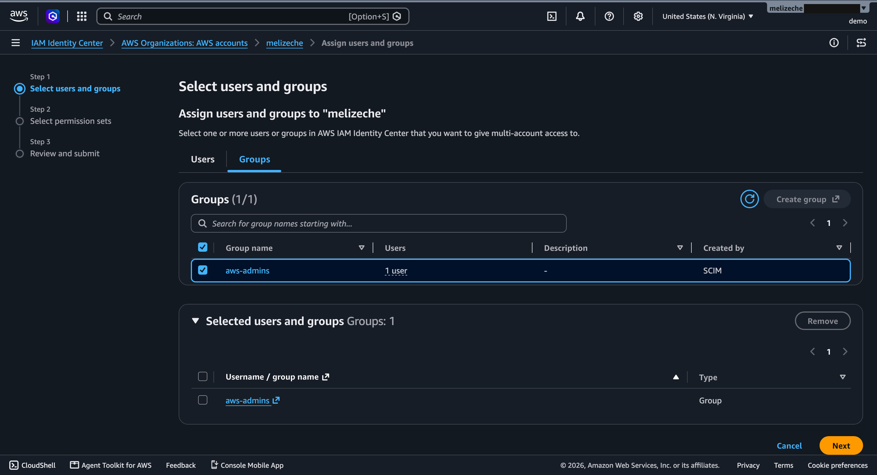 Asignar el grupo aws-admins, creado por SCIM, a la cuenta