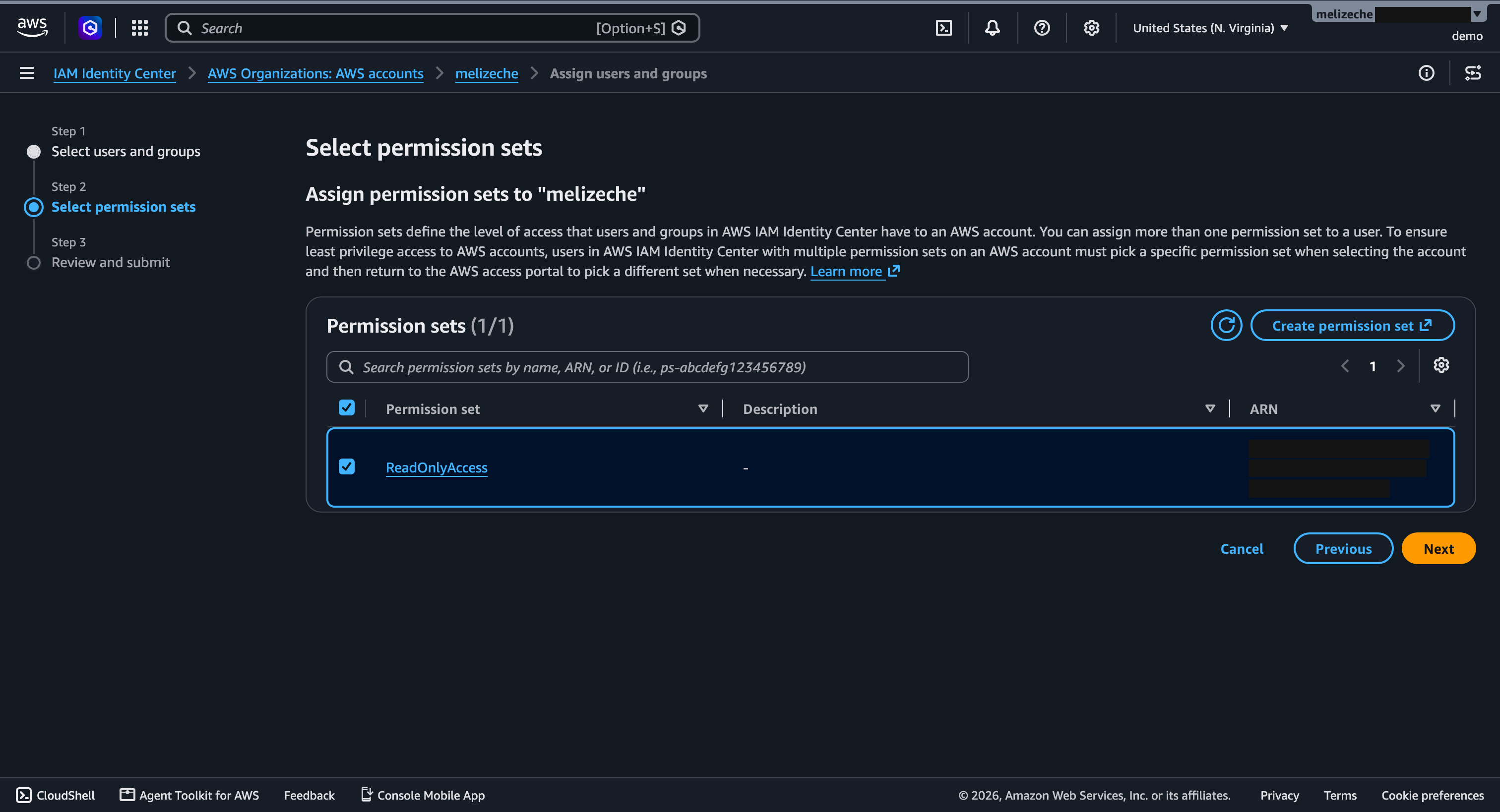 Elegir el permission set ReadOnlyAccess