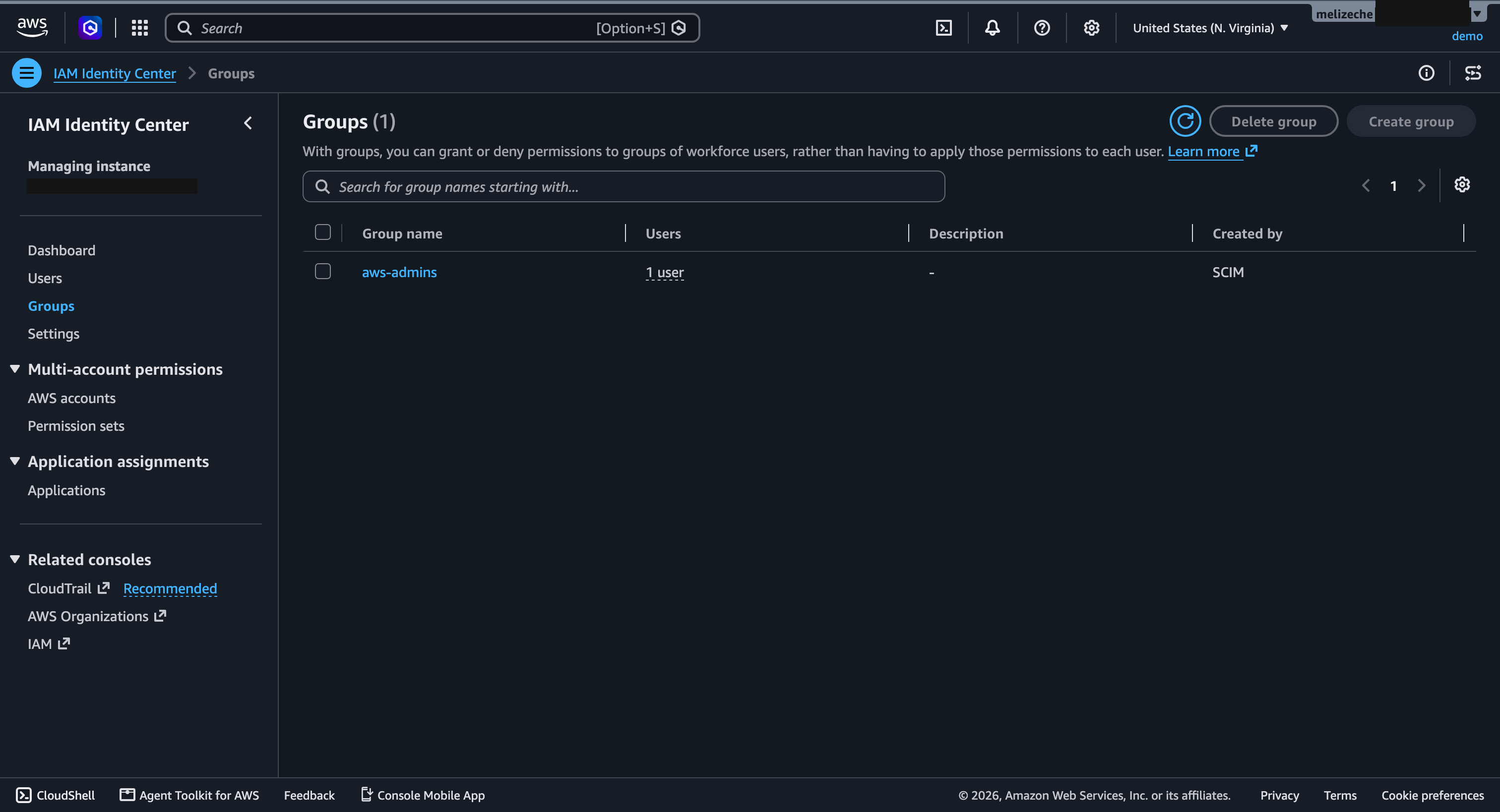 El grupo aws-admins en Identity Center, creado por SCIM