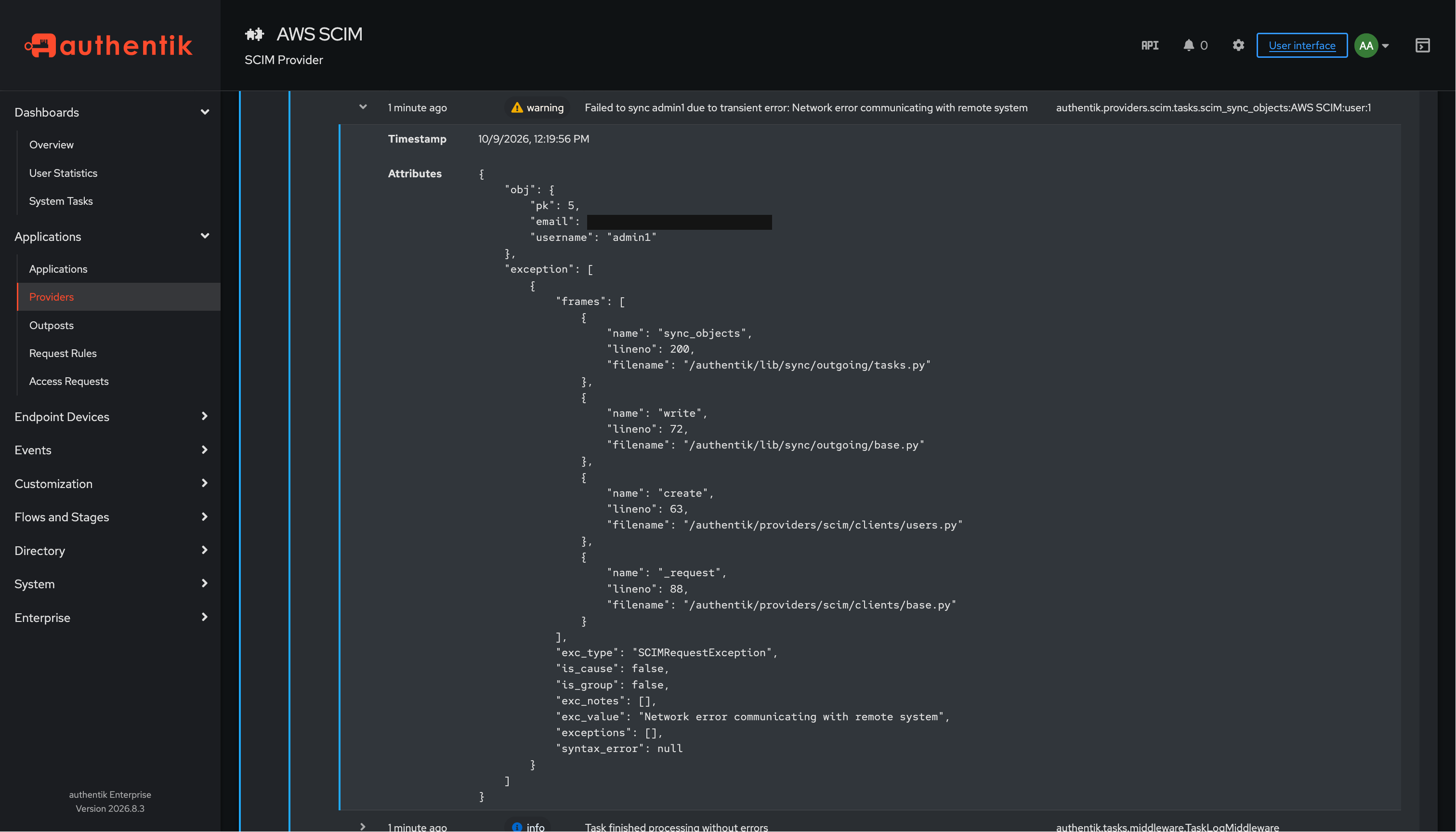 El error real de AWS aparece como "Network error communicating with remote system"