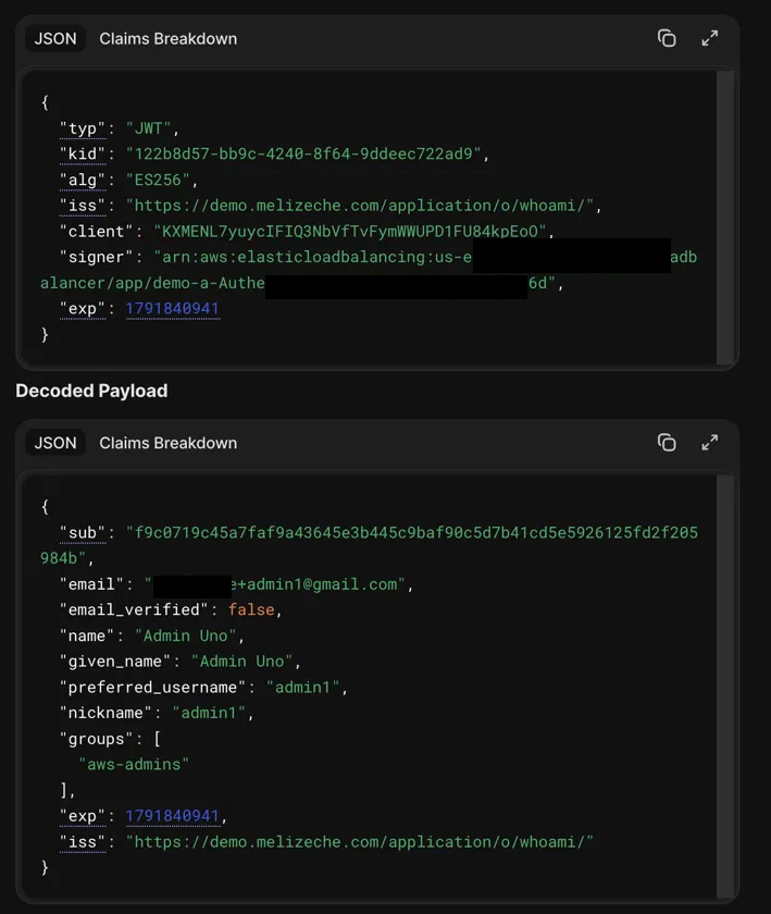 El header X-Amzn-Oidc-Data decodificado: firmado por el ALB con ES256, con los claims del usuario y sus grupos